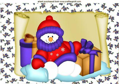 Snowman in Purple with Lots of Presents on a Scroll A4