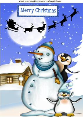 Penguins Playing with Snowman & Santa in Sleigh A4