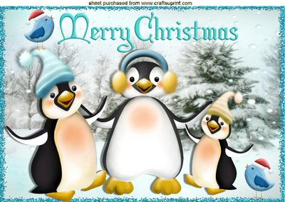 Penguins in Santa Hats in the Snow A4