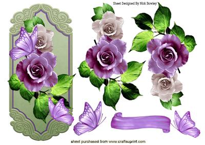 Pretty Shades of Pink/lilac Roses & Butterflies on a Plaque