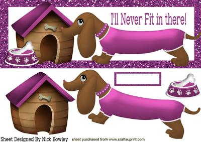 Cute Sausage Dog in Pink with His Kennel Dl Card