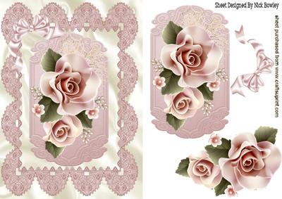 Peach Roses on a Plaque with Crochet Lace