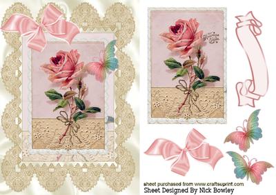 Pink Rose Topper with Crochet Lace & Butterflies