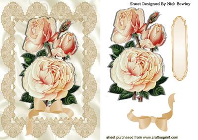 Vintage Peach Roses with Bow in Ornate Frame