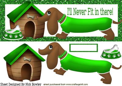 Cute Sausage Dog in Green with Kennel Dl Card