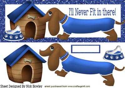 Cute Sausage Dog in Blue with Kennel Dl Card