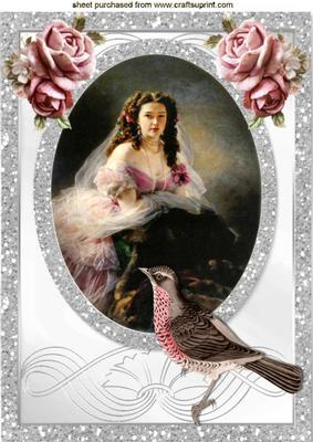 Beautiful Vintage Lady with Bird & Pink Roses A4