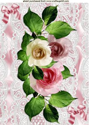 Cascading Pink Summer Roses on Lace with Bows A4