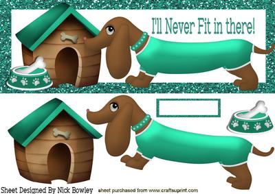 Cute Sausage Dog in Turq with Kennel Dl Card
