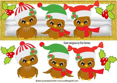 Cute Owls in the Snow in Christmas Hats Dl