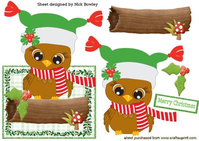 Little Owl in Christmas Hat on a Log Over the Edge