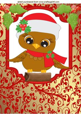 Little Owl in Santa Hat on a Log A4