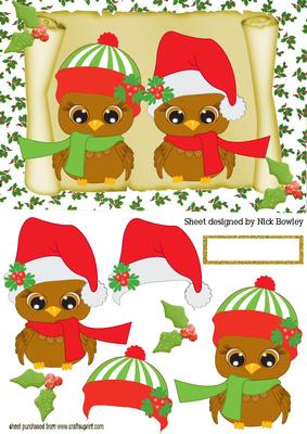 Merry Owls in Santa Hats on a Scroll with Holly
