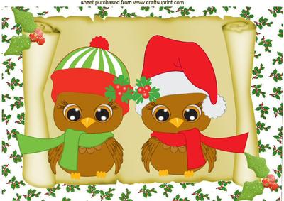 Merry Owls in Santa Hats on a Scroll with Holly A4