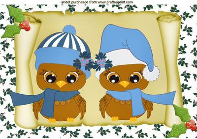 Merry Owls in Blue Santa Hats on a Scroll A4