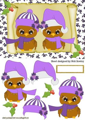 Merry Owls in Purple Santa Hats on a Scroll