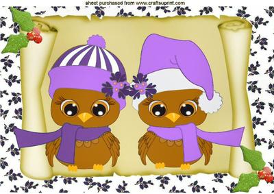 Merry Owls in Purple Santa Hats on a Scroll A4