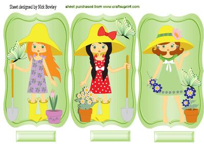 Three Garden Girl Toppers with Flowers & Butterflies