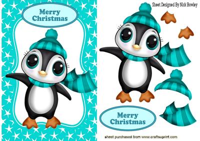 Cute Penguin in Turq Bobble Hat in Star Frame