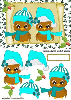 Cute Owls in Turq Santa Hats on a Scroll