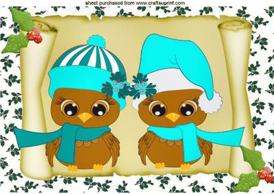 Cute Owls in Turq Santa Hats on a Scroll A4