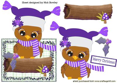 Cute Owl in Purple Hat & Scarf Over the Edge Card