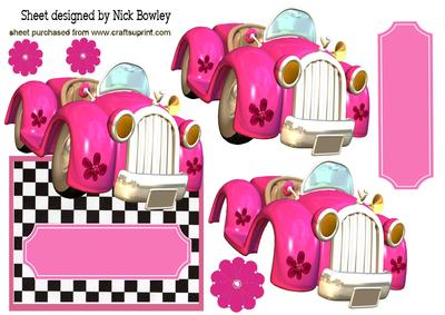 Cerise Toony Car with Flowers Over the Edge Card