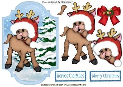 Cute Reindeer in Santa Hat with Christmas Trees
