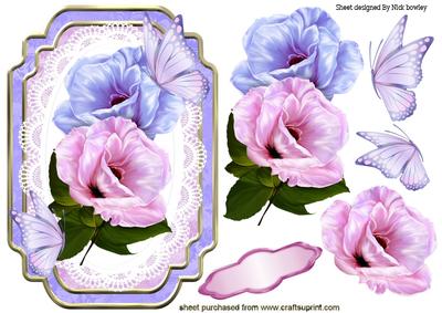 Pretty Pink & Lilac Flowers and Butterflies on Lace