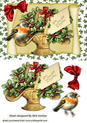 Basket of Holly and Berries with Robin