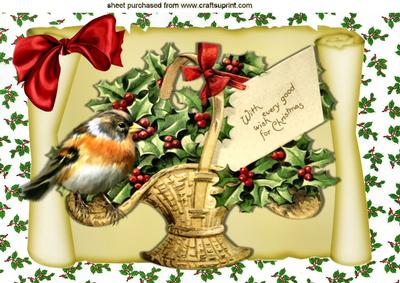 Basket of Holly and Berries with Robin A4