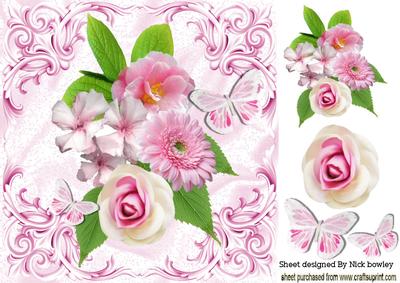Pink Shades of Flowers Roses & Butterflies 8x8