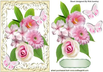 Pink Shades of Flowers Butterflies in Scroll Frame
