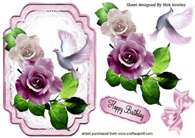 Pretty Dove on Lace with Pink/purple Roses