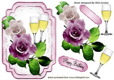 Pretty Lilac/pink Roses on Lace with Champagne