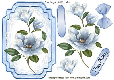 Pretty Blue Magnolia on Lace with Bow