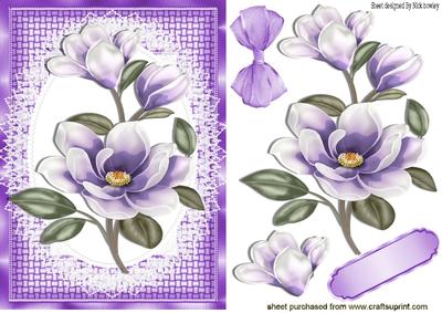 Purple Magnolia on Lace in Basket Weave Frame