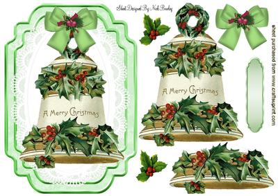 Vintage Christmas Bell on Lace with Holly