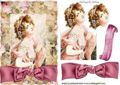 Pretty Vintage Lady in Floral Frame with Bow