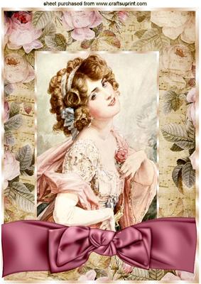 Pretty Vintage Lady in Floral Frame with Bow A4