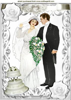 Vintage Wedding Couple White Roses, & Cake A4