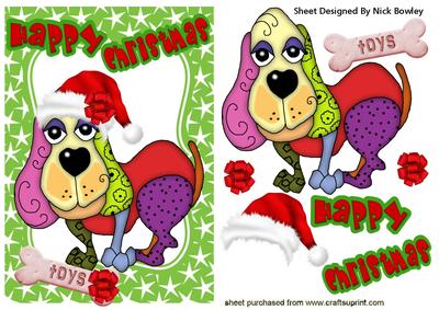 Toony Dog in Santa Hat with His Bone