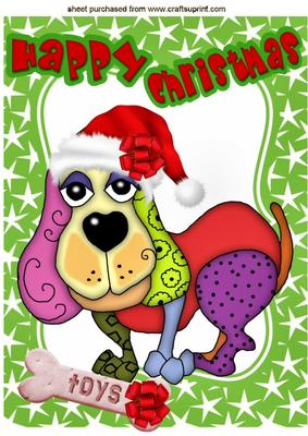 Toony Dog in Santa Hat with His Bone A4