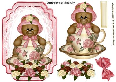 Little Bear in Teacup with Roses on Lace