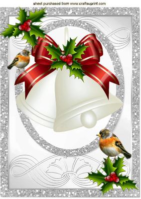 White Christmas Bells with Red Bow & Robins A4