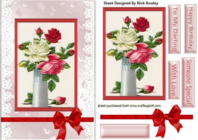 Pretty Vase of Cream/pink Roses in a Vase Card & Topper