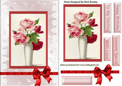 Pretty Vase of Red/pink Roses Card & Topper
