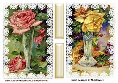 Yellow and Pink Roses in Vases & Lace Card Fronts