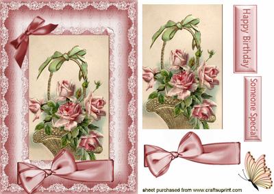 Basket of Pink Roses and Bow, Card & Topper