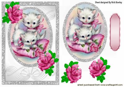 Kittens Playing, with Pink Roses, in Sparkle Frame